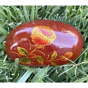 Vintage Artisan Hand Painted Flower Over Red Stone Paperweight
